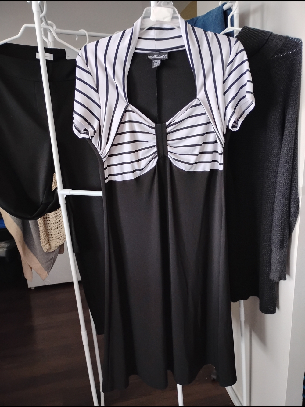 Frank Lyman Elegant Woman Ivory Yoke Black & White Striped Midi Cap Sleeve Dress